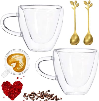 set van 2 dubbelwandige 250 ml hartvormige koffieglazen, theeglazen met handvat, borosilicaatglas, koffiekopjes, dubbelwandige glazen, koffiemokken, ideaal voor cappuccino, latte, ijsthee