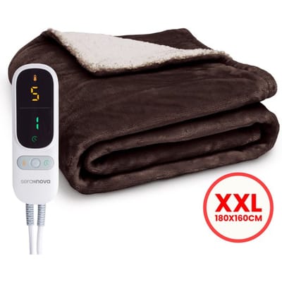 Seranova Elektrische Deken XXL - Extra Warmtedraden - Premium Model - 180x160 cm - 2 persoons Warmtedeken - Dubbelzijdig Fleece Sherpa - Kastanjebruin