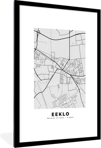Fotolijst incl. Poster Zwart Wit- Kaart – Plattegrond – Stadskaart – Eeklo – België – Zwart Wit - 80x120 cm - Posterlijst