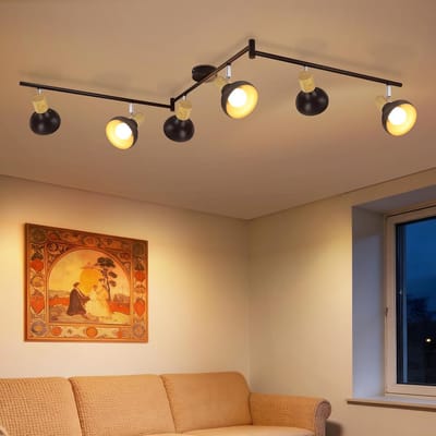 Glitzerlife - Plafondspot Plafondlamp - vintage industrieel - opbouwspots - 6xE14 fitting - draaibaar 350° en kantelbaar 90° - 330° draaibare rail - ijzer - Ø150cm - zwart