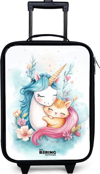 NoBoringSuitcases.com® - Kinderkoffer jongen - Kindertrolley meisje - Eenhoorn met blauwe manen en oranje kitten - Koffer kind lichtgewicht - Reiskoffer trolley voor kinderen - Koffertje met lichtgevende wieltjes - Rolkoffer zwart