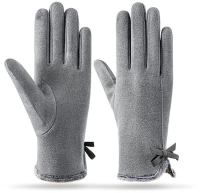 Handschoenen - Warme handschoenen voor dames - Winterhandschoenen - Fleece manchetten - Lichtgewicht fleece voering - Touchscreen compatibel - Winddicht - Geschikt als cadeau - Skiën - Fietsen - Bow Gloves - One Size - Grijs