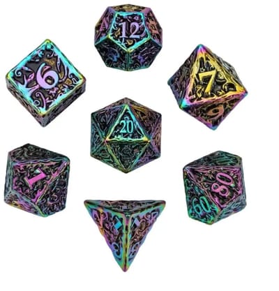 Lapi Toys - Dnd dice - Dnd dobbelstenen - Metal dice - Incl. dice bag - Regenboog