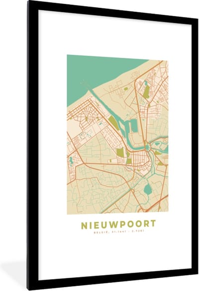 Fotolijst incl. Poster - België - Plattegrond - Nieuwpoort - Kaart - Stadskaart - 80x120 cm - Posterlijst