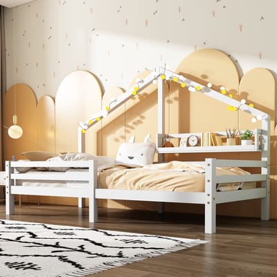 DESMIU Huisbed 90x200 cm Zonder Matras - Kinderbed Met Boekenrek En Veiligheidshekje - Slaapopslag Voor Kinderkamer - Grenenhout - Wit