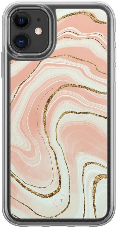 Hoesje geschikt voor iPhone 11 - Marmer peach - 2in1 backcover - Marmer - Multi - Leuke Telefoonhoesjes