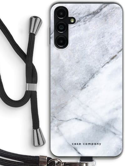 Case Company® - Hoesje met koord geschikt voor Samsung Galaxy A14 hoesje met Koord - Witte marmer - Telefoonhoesje met Zwart Koord - Bescherming aan alle Kanten en Over de Schermrand