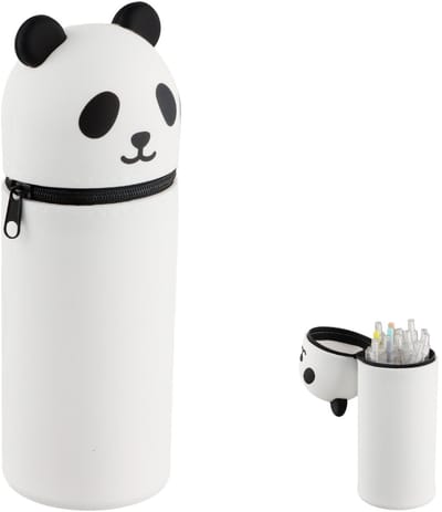 Dailygoods - 2-in-1 etui in zachte siliconen, platte siliconen etui, opstaande hoesjes en pennenhouder, diervormige pennenhouder, ritssluiting, grote capaciteit, voor tieners (panda)
