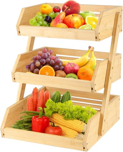 Fruitmand Bamboe - Groentebak Keuken - Aanrecht Organiseren - Natuurlijke Ventilatie - 30 x 33 x 41cm - Lichtbruin