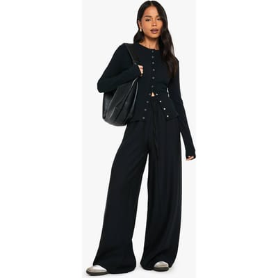 boohoo Dames Broek met trekkoord-taille en wijde pijp en zwevend silhouet | Zwart | Maat: 34