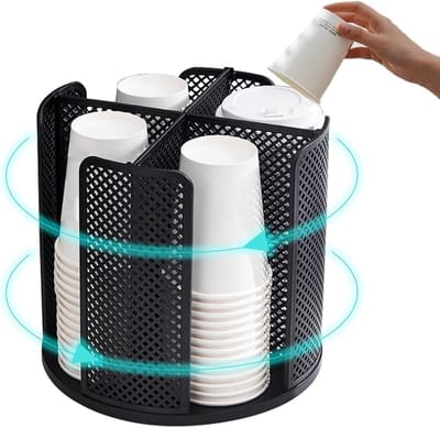 Famanu – 360° bekerdispenser met 4 vakken – ronde papieren bekerhouder – voor koffiehoek/buffet/kantoor