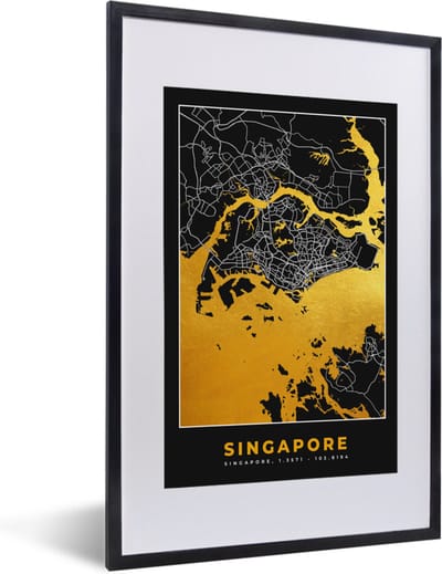 Fotolijst incl. Poster - Singapore - Stadskaart - Goud - Plattegrond - Kaart - 40x60 cm - Posterlijst