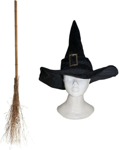 Funny Fashion Heksen verkleed set - voor dames - luxe heksenhoed - met bezem van 110 cm