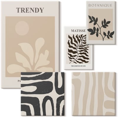 Wallfluent Set van canvas schilderijen - Stijlvolle plantenmotieven en geometrische decoratieve vormen Canvas Schilderijen Set - Set van 5 Canvas Schilderijen - Beige Set van Canvas Prints - Abstractie Canvas Kunst Set - Boheemse Canvas Kunst Set