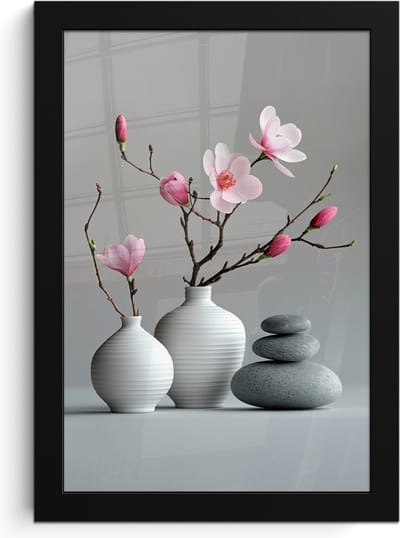 Poster in lijst - Fotolijst 20x30 cm - Posters - Magnolia - Bloemen - Roze - Zen stenen - Posterlijst zwart - Wanddecoratie badkamer - Muurdecoratie WC - Decoratieve accessoires - Toilet muur decoratie