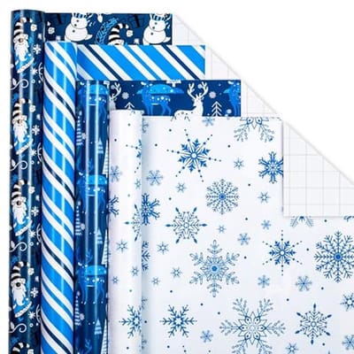 Kerst inpakpapier bundel met rasterlijnen – 4 ontwerpen met sneeuwmannen, sneeuwvlokken, herten en strepen – 30 x 120 inch