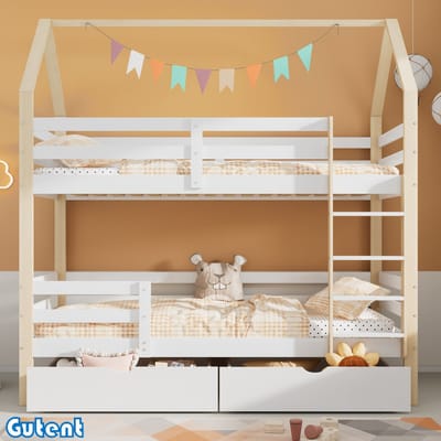 Gutent Kinderstapelbed-Huisvorm-Grote laden-Pine-90 x 200 cm-Geen matras-Wit+Hout