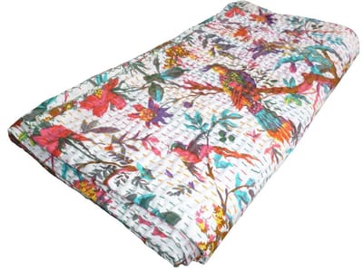 handgemaakte katoen Kantha quilt gooien deken bedsprei Bird Indiase bedovertrek Gudari (Wit, Twin)