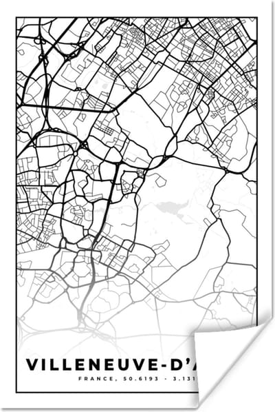 Poster Kaart - Stadskaart - Frankrijk - Villeneuve-D'Ascq - Plattegrond - Zwart wit - 120x180 cm XXL