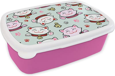 Broodtrommel Roze - Lunchbox - Brooddoos - Kat - Huisdieren - Patroon - 18x12x6 cm - Kinderen - Meisje