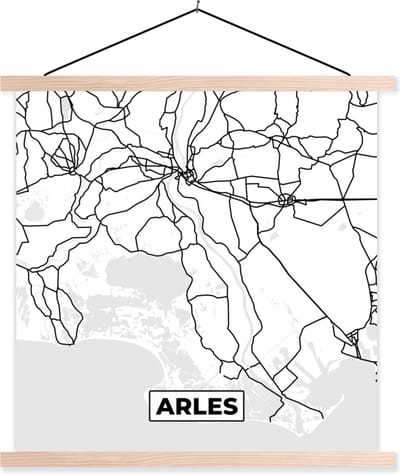 Posterhanger incl. Poster 40x40 cm - Schoolplaat - Stadskaart – Frankrijk – Arles - Kaart – Plattegrond - Zwart wit - Textielposter - Blanke latten - Stadskaart