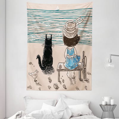 ABAKUHAUS Dierenwandtapijt, Klein meisje met Panamahoed zittend op een bankje met een pluizige kat aan zee, 110 x 150 cm, Meerkleurig