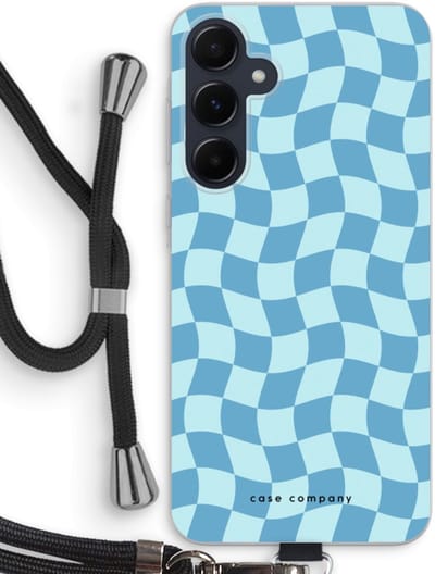 Case Company® - Hoesje met koord geschikt voor Samsung Galaxy A55 hoesje met Koord - Grid Blauw - Telefoonhoesje met Zwart Koord - Bescherming aan alle Kanten en Over de Schermrand