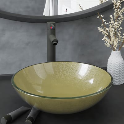 vidaXL - Wastafel - met - kraan - en - pop-up - afvoer - gehard - glas - goudkleurig