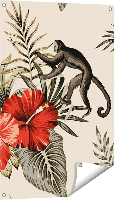 Gards Tuinposter Tropische Bloemen met Apen Achtergrond - 60x90 cm - Tuindoek - Tuindecoratie - Wanddecoratie buiten - Tuinschilderij