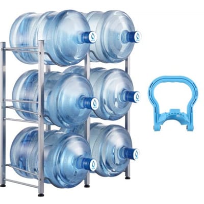 VEVOR 3-laags waterkanhouder, 5-gallon waterfleshouder, dubbellaags waterflesrek voor 6 flessen, robuust waterkanrek voor keuken, kantoor, woonkamer, zilver