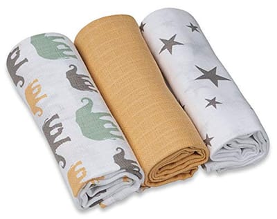 Mullluiers 70 x 70 cm 100% Katoen – Verzorgende en Absorberende Luiers, 3-pack met Gele Sterren en Olifanten