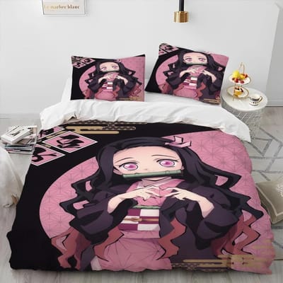Ensemble de Literie Demon Slayer Kamado Nezuko Housse de Couette Ensemble Couvre-lit Taie d'Oreiller Taille King Queen Complète Simple Linge de Lit Enfant Adolescent Cadeau AU Double(180x210cm)