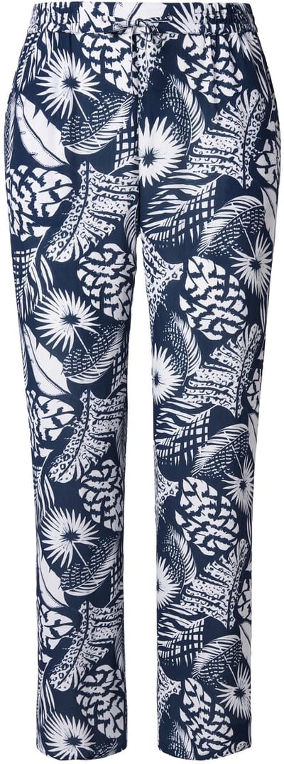 Ulla Popken - Dames - Broek Rose bladeren wijde pijpen elastische tailleband - Inktblauw - Maat 42+