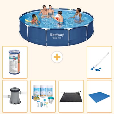 Bestway Rond Steel Pro Zwembad - 396 x 84 cm - Blauw - Inclusief Pomp - Onderhoudspakket - Solar Mat - Grondzeil - Filter - Stofzuiger - 7-delig