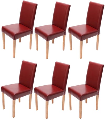 Set van 6 eetkamerstoelen Keukenstoel Littau ~ leer, rood, lichtgekleurde poten