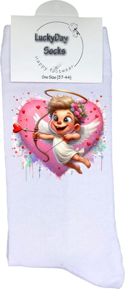Cupido - Valentijn sokken - Grappige sokken - Leuke sokken - Hem Haar sokken - Vrolijke sokken - Lieve sokken - Valentijn Cadeau - Vaderdag - Moederdag - Verjaardag cadeau - Kerst cadeau - Leuk Cadeau - Verliefd - Hart - Sokken maken Happy - 37-44