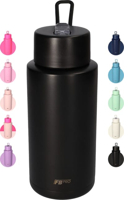 Thermosfles, Waterfles, Drinkfles – Modern & Slank Design – 1000 ml – Zwart – Met Uitklapbare Drinktuit