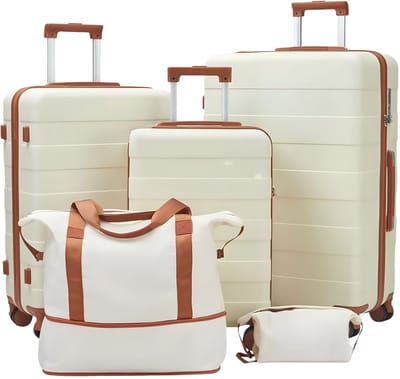Reisset – Voor reizigers – 5-delig, lichtgewicht en duurzaam – Beige, met reistas, toilettas, TSA-slot en spinnerwielen