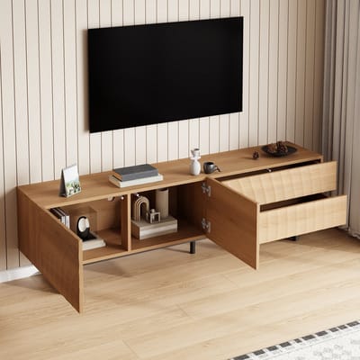 DESMIU Tv Meubel - Golvende Houtstructuur Met Kast En Dubbele Lade - Voor Woonkamer En Mediahoek - Spaanplaat Naturel - 180x38x51,5 Cm