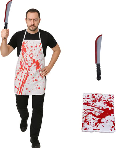 Joya Party® Verkleedset Schort met Bloedspetters + Mes | Halloween Kostuum Accessoires Volwassenen | One Size | Bloody Apron | Slachter Set | Horror Outfit | Carnaval | Wit/Rood | Inclusief MES