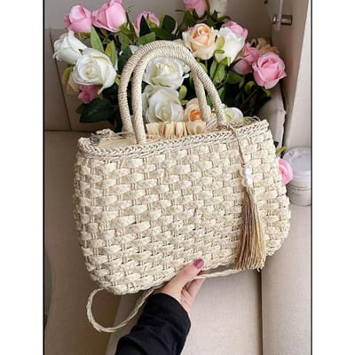 Vakantie Casual Geweven Franje Trekkoord Tote Tas, Mode Zomer Vakantie Tas, Strand Essentiële Dames Tassen Voor Vakantie & Feestdagen one-size beige