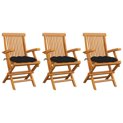 vidaXL - Opklapbare - stoelen - met - zwarte - kussens, - 3 - stuks, - massief - teakhout