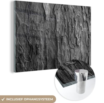 Glasschilderij - Steen - Zwart - Wit - Gesteente - 150x100 cm - Foto op glas - Woonkamer decoratie