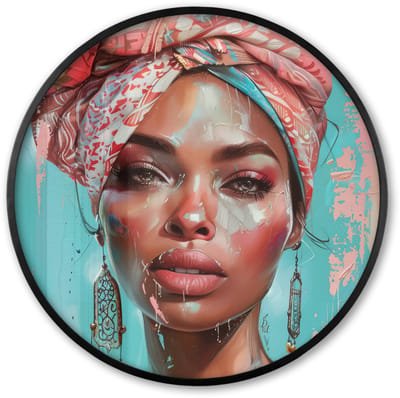Poster in lijst Rond - Fotolijst 60x60 cm - Posters - Vrouw - Portret - Blauw - Roze - Modern - Ronde posterlijst zwart - Decoratie - Wanddecoratie woonkamer - Muurdecoratie slaapkamer
