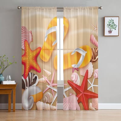 Strand Zeester Slippers Raamgordijnen Transparant Chiffon Tule Gordijn Huis Woonkamer Achtergrond Decoratie 135W x 114H(cm) orange