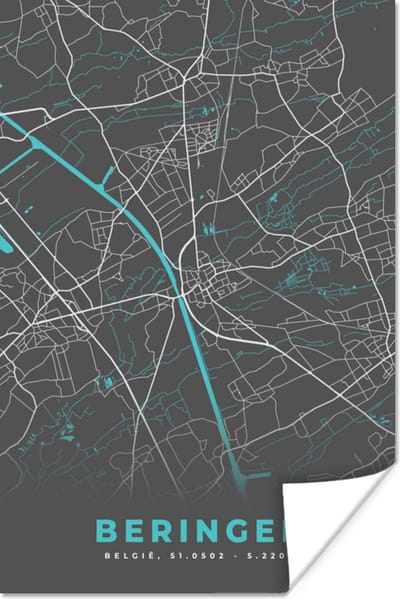 Poster Stadskaart – Grijs - Kaart – Beringen – België – Plattegrond - 120x180 cm XXL