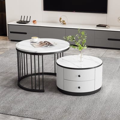 Salontafel set wit marmerlook - Ronde salontafel set van 2 - Nesting salontafel met lades - MDF - Woonkamer