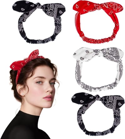 Set van 4 Boho Haarbanden met Paisley Motief en Knoop, Elastische Bandana en Hoofddoek voor Dames en Meisjes, Retro Stijl met Konijnenoren (Multicolor, One Size)