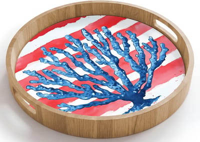 Dienblad rond 40x40 cm - Schootdienblad hout - Koraal - Verfstructuur - Rood - Blauw - Borrelplank rechthoek - Plateau houten dienbladen