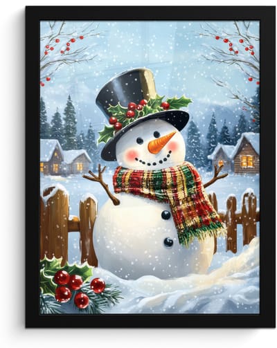 Poster in lijst - Fotolijst 30x40 cm - Posters - Sneeuwpop - Winterdorp - Kleurrijk - Posterlijst zwart - Decoratie - Wanddecoratie woonkamer - Muurdecoratie slaapkamer